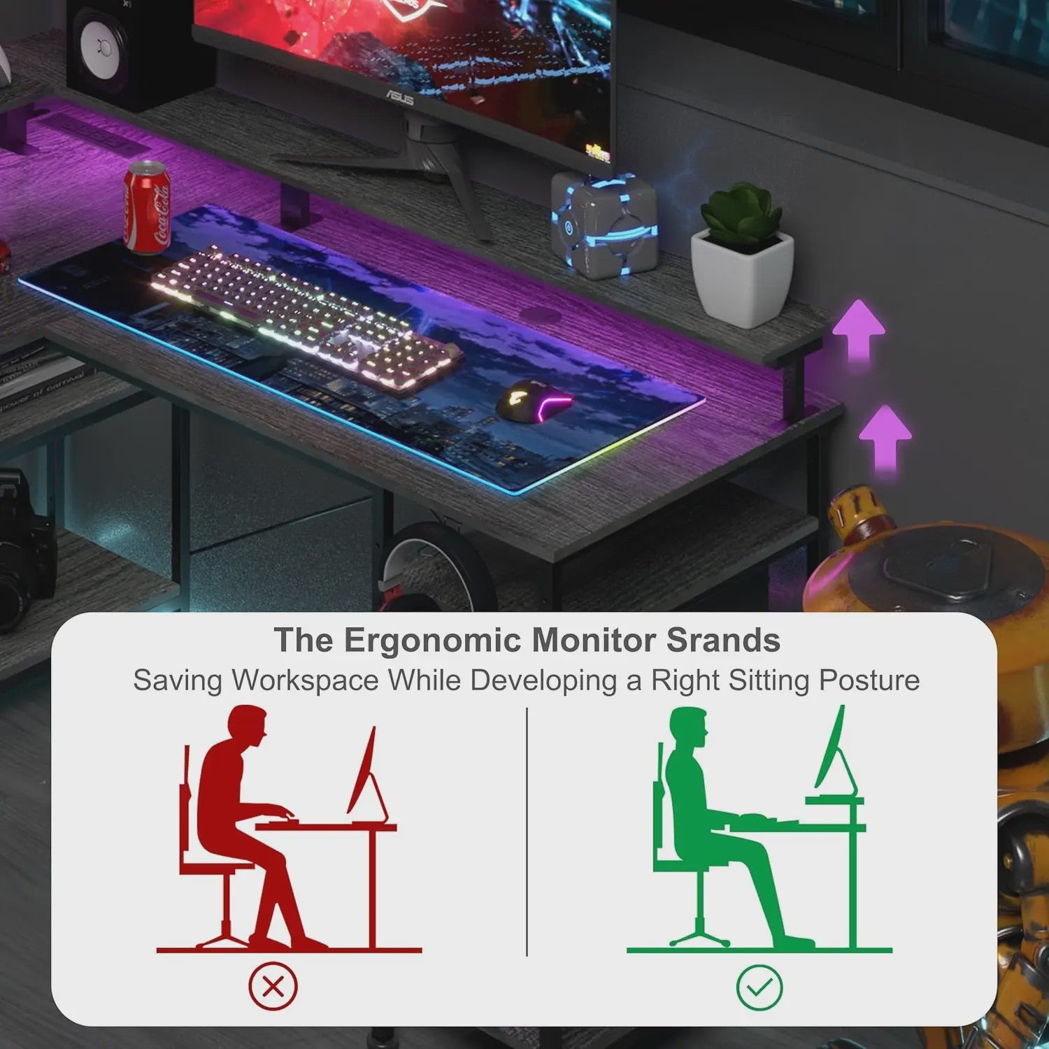 L-Vormig Bureau met RGB LED, USB & Stopcontacten - Grijze/Zwarte Gaming Werkplek