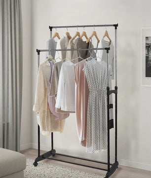 Verstelbare Kledingrek met 2 Hangen Rails en Wielen - 84-150 cm Breed