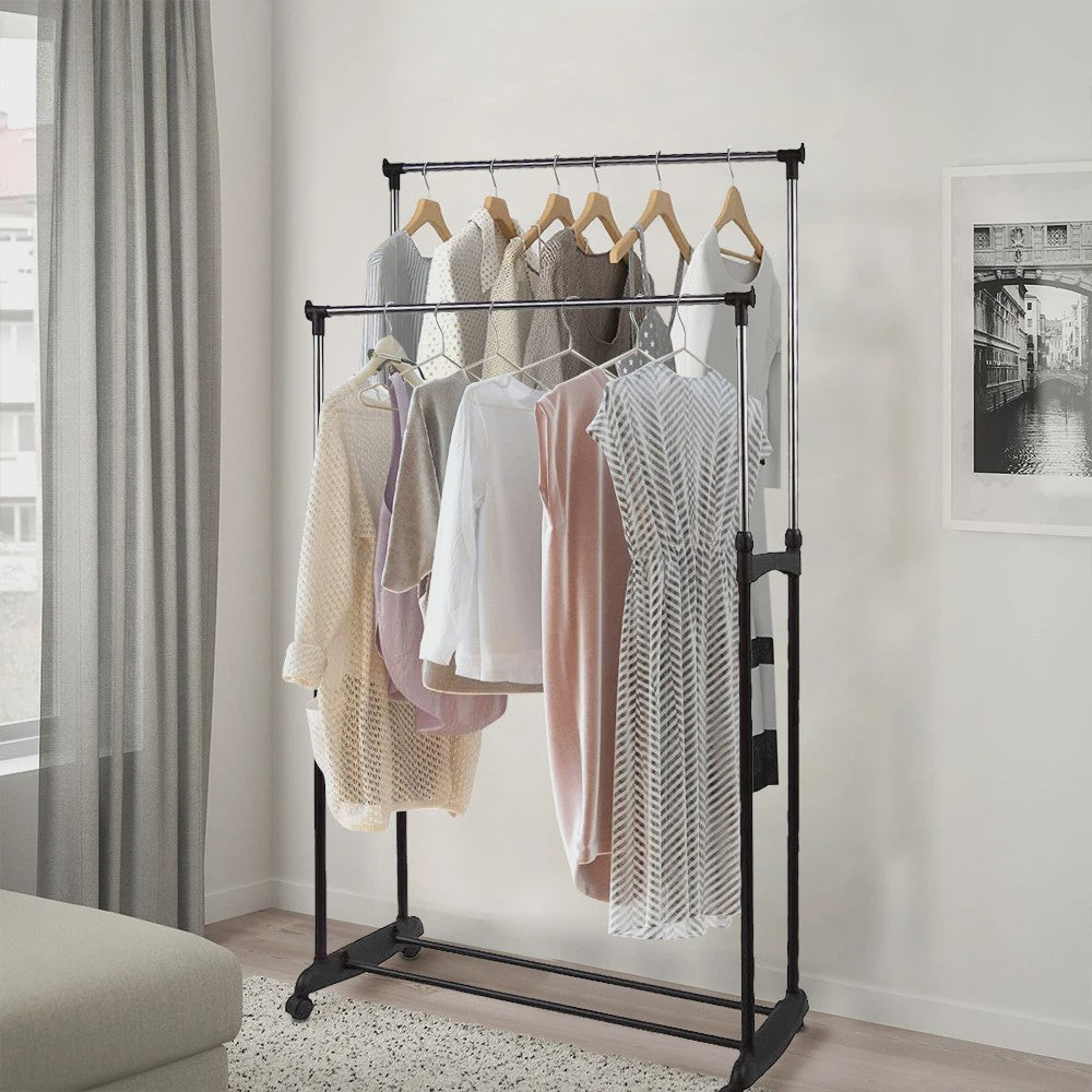 Verstelbare Kledingrek met 2 Hangen Rails en Wielen - 84-150 cm Breed