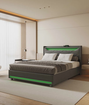 Luxe Boxspring Bed met Opbergruimte, LED Verlichting en USB - Grijs Linnen