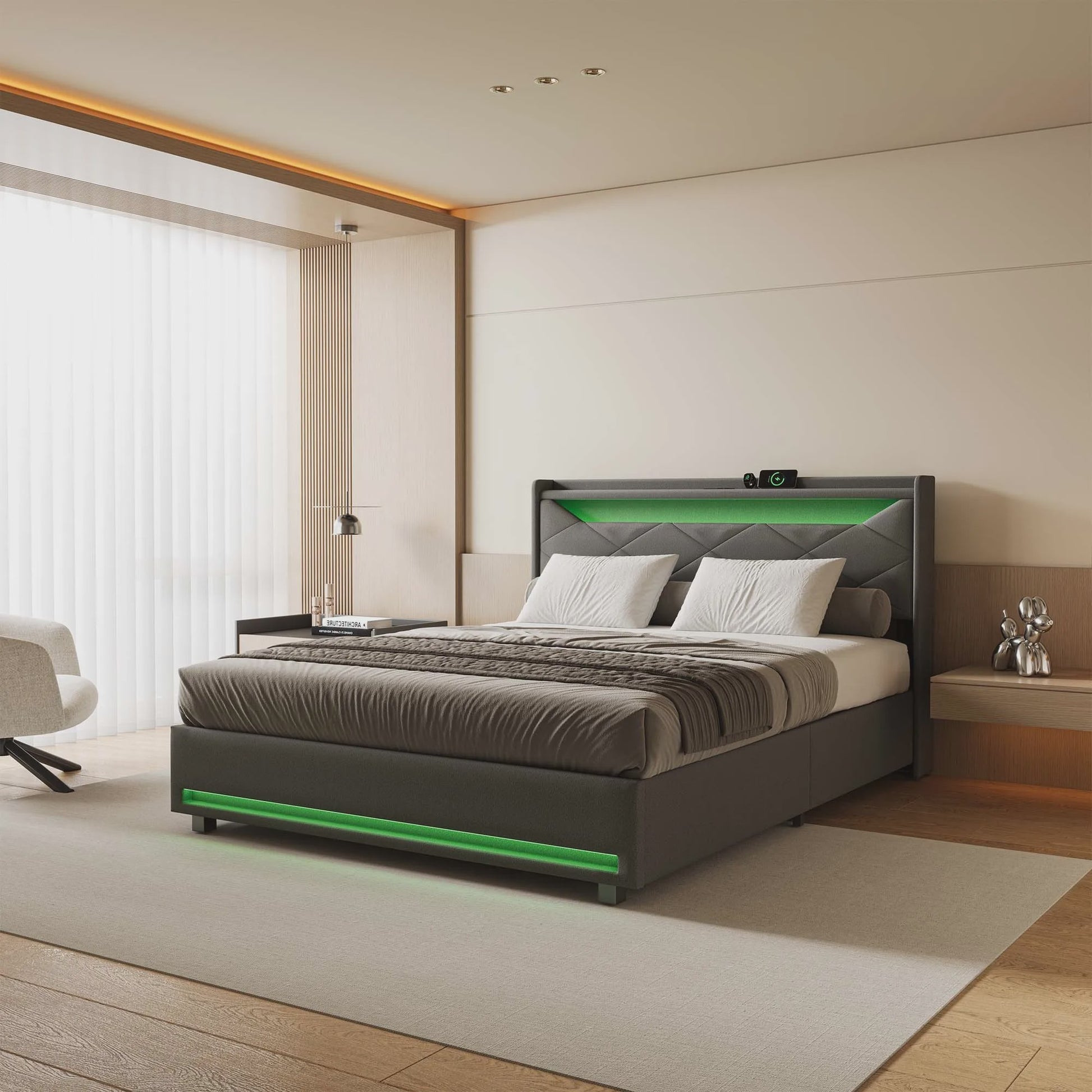 Luxe Boxspring Bed met Opbergruimte, LED Verlichting en USB - Grijs Linnen