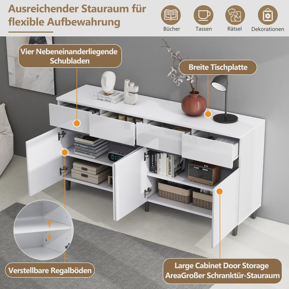 Moderne Hoogglans Sideboardkast met 4 Lades, 2 Deuren en Verstelbare Planken
