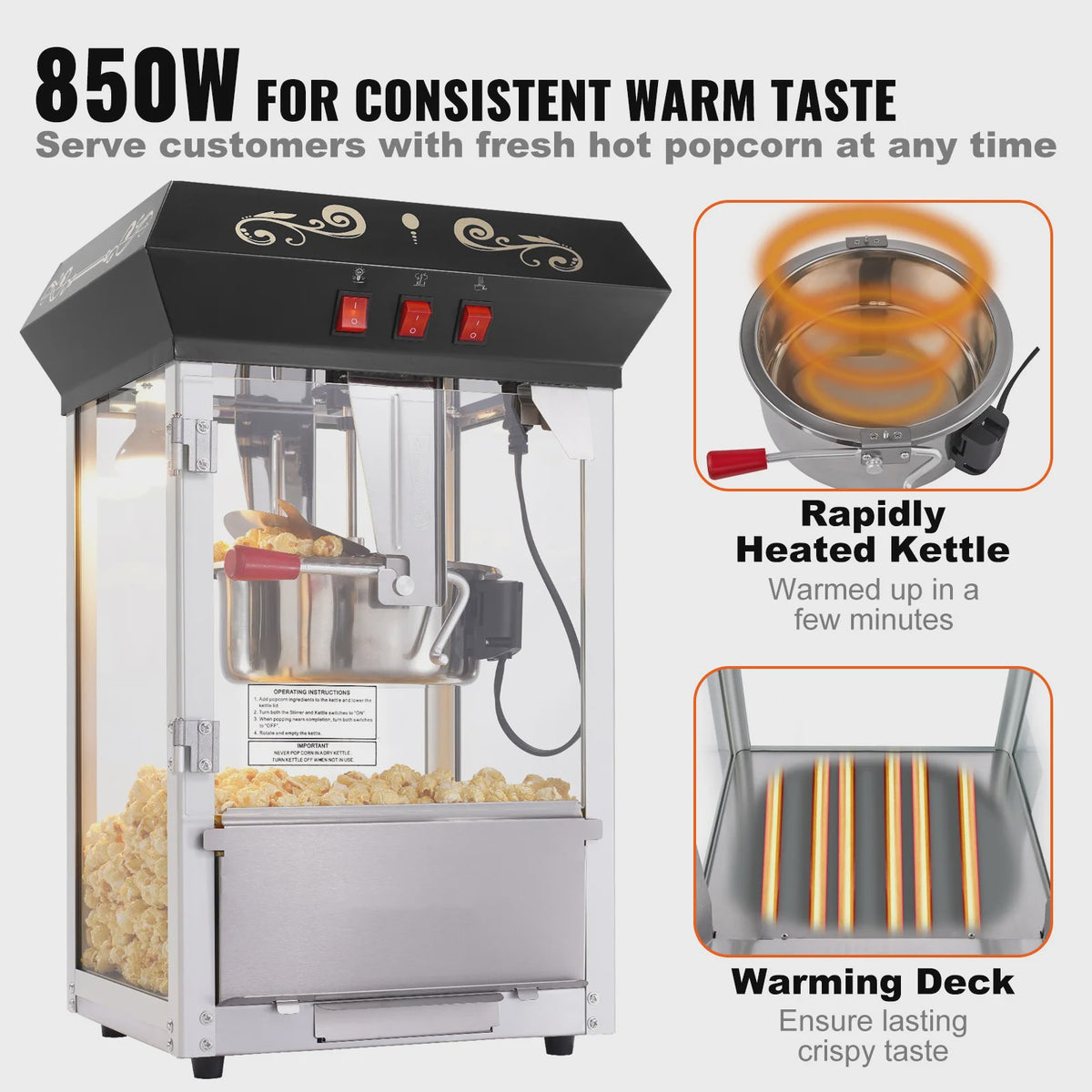 Professionele Popcorn Machine 850W - 8oz Ketel - Maakt tot 48 Cups per Batch