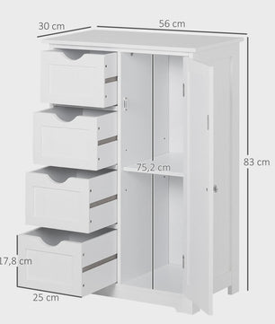 Witte Badkamerkast 56x30x83cm met 4 Lades, Plank en Anti-Tip Mechanisme