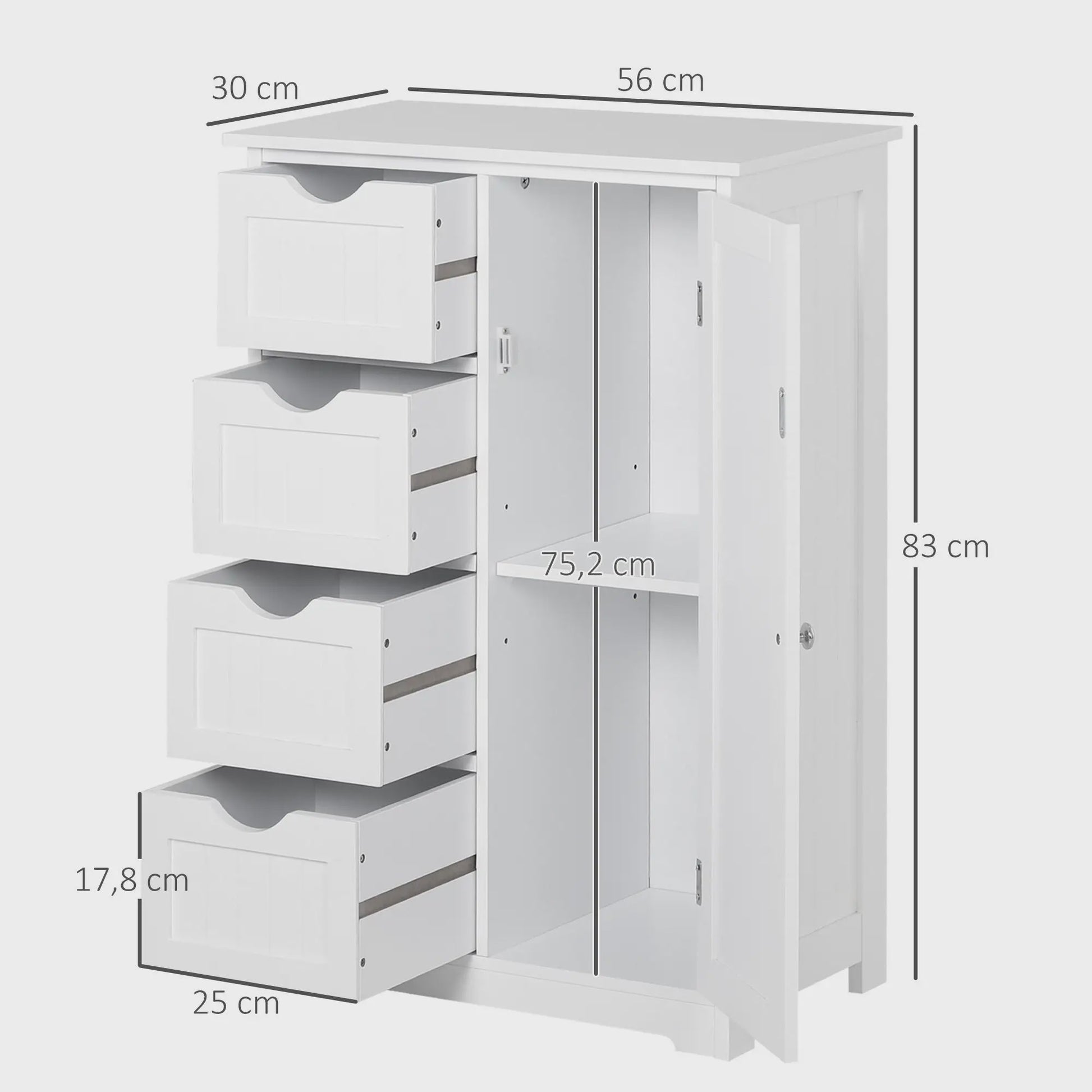 Witte Badkamerkast 56x30x83cm met 4 Lades, Plank en Anti-Tip Mechanisme