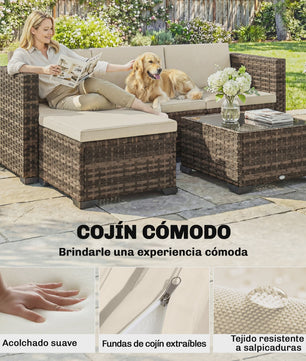 Outsunny 5-delige Rotan Loungeset met Kussens en Glazen Tafel - Tuinmeubelen