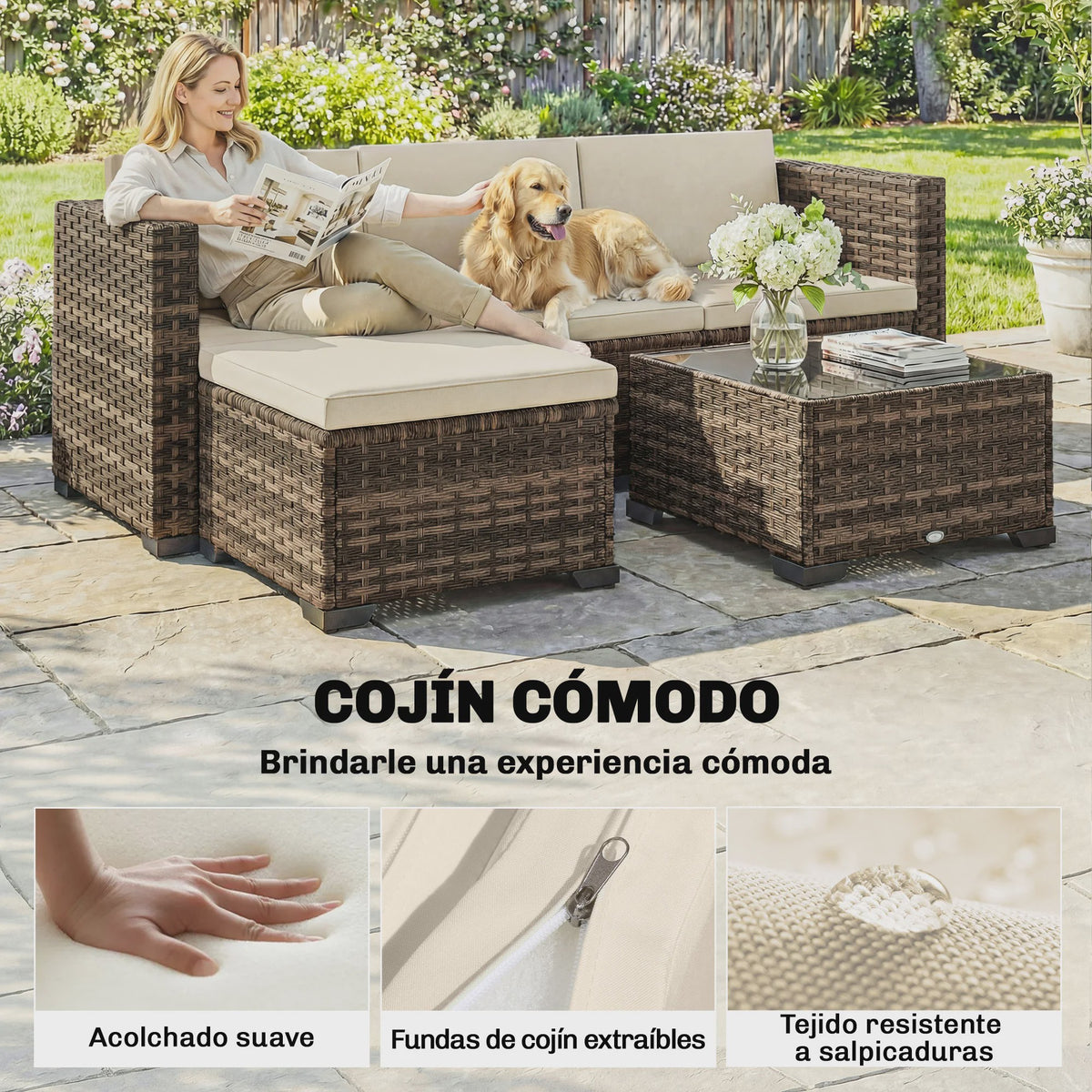 Outsunny 5-delige Rotan Loungeset met Kussens en Glazen Tafel - Tuinmeubelen