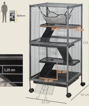 Pawut 4-level Portable Small Animal Cage for Small Animal, 2-door, 2-door, 3-Ramp, hammock and removable tray, 52x52 x cm Grey