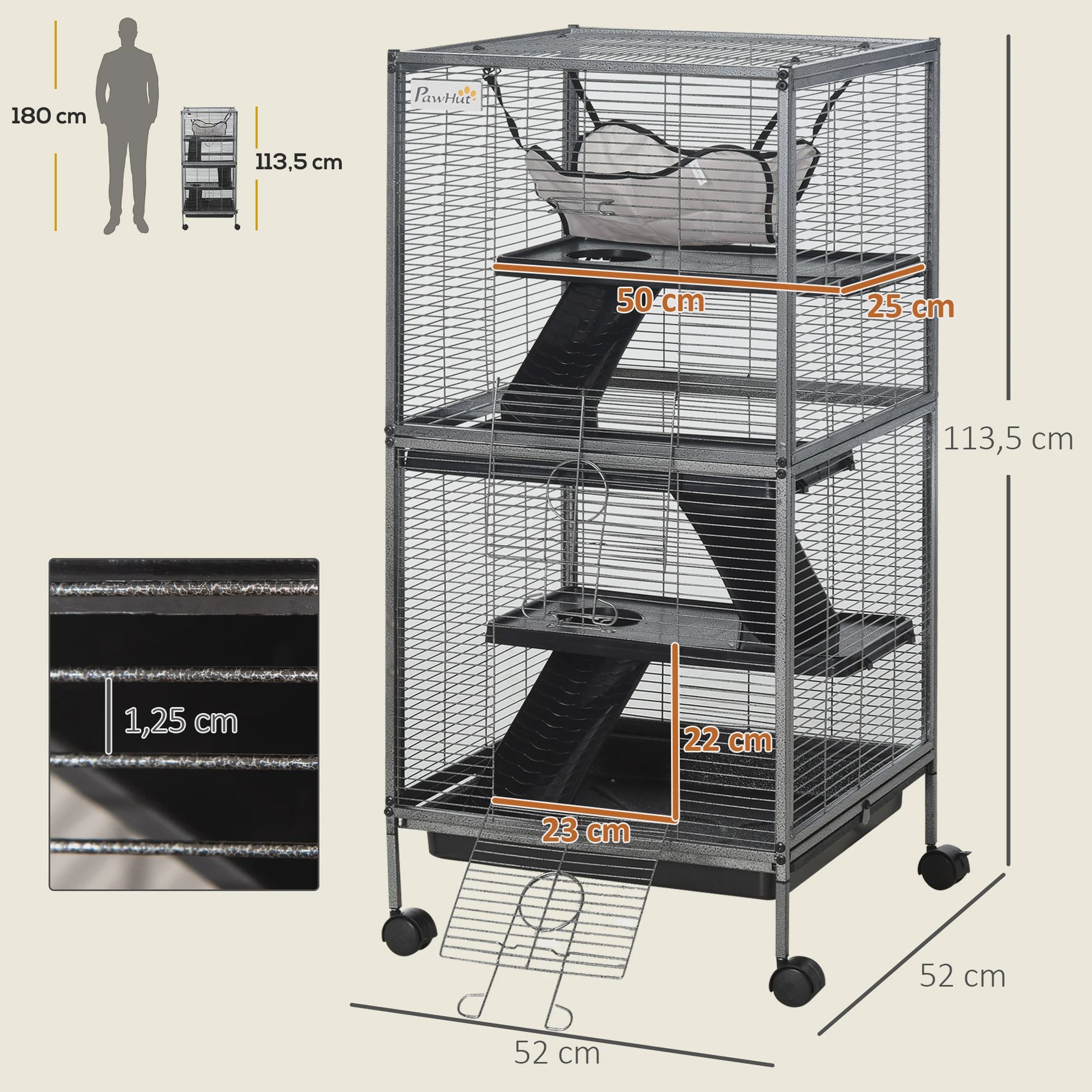 Pawut 4-level Portable Small Animal Cage for Small Animal, 2-door, 2-door, 3-Ramp, hammock and removable tray, 52x52 x cm Grey