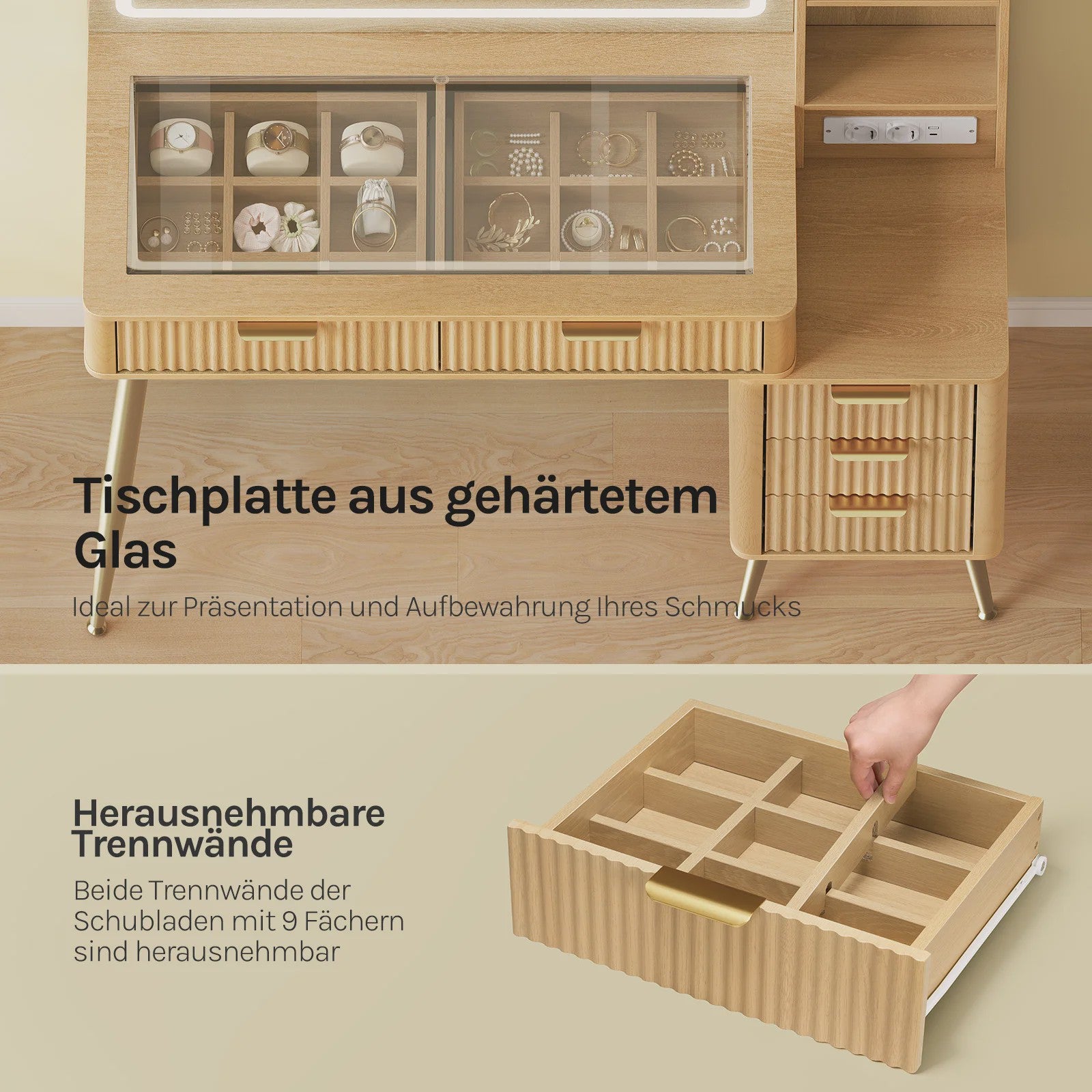 WOLTU Kaptafel met Groot LED Spiegel, Verstelbare Verlichting, Make-up Tafel met Lades en Stopcontact
