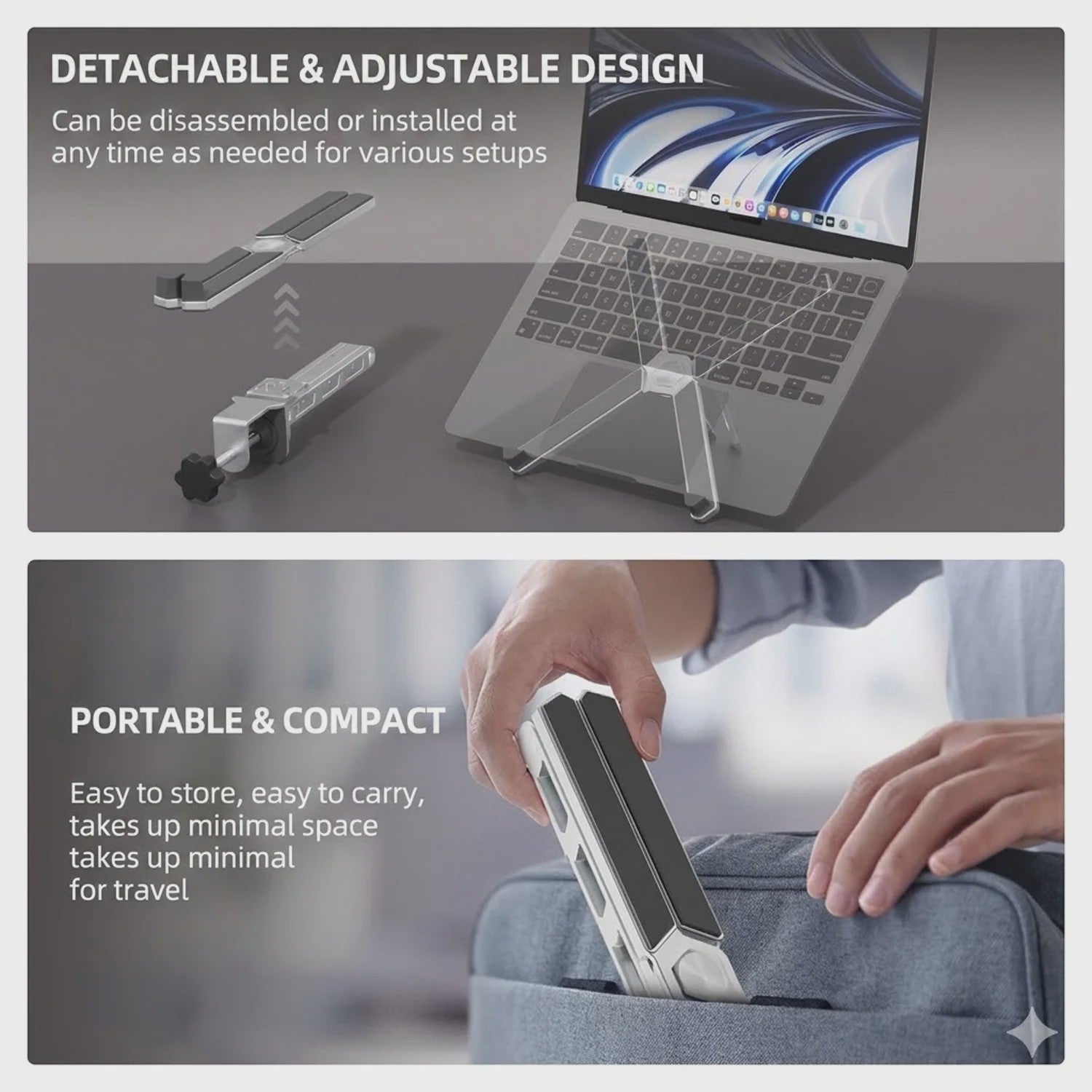 2-in-1 Afneembare Laptopstandaard met 360° Draaibare Basis & Tablet Arm - Opvouwbaar & Ruimtebesparend