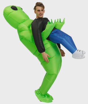 Opblaasbaar Buitenaards Kostuum - Groene Alien met Kind op Arm - Volwassen Feestkostuum