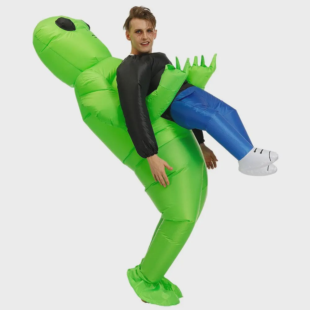 Opblaasbaar Buitenaards Kostuum - Groene Alien met Kind op Arm - Volwassen Feestkostuum