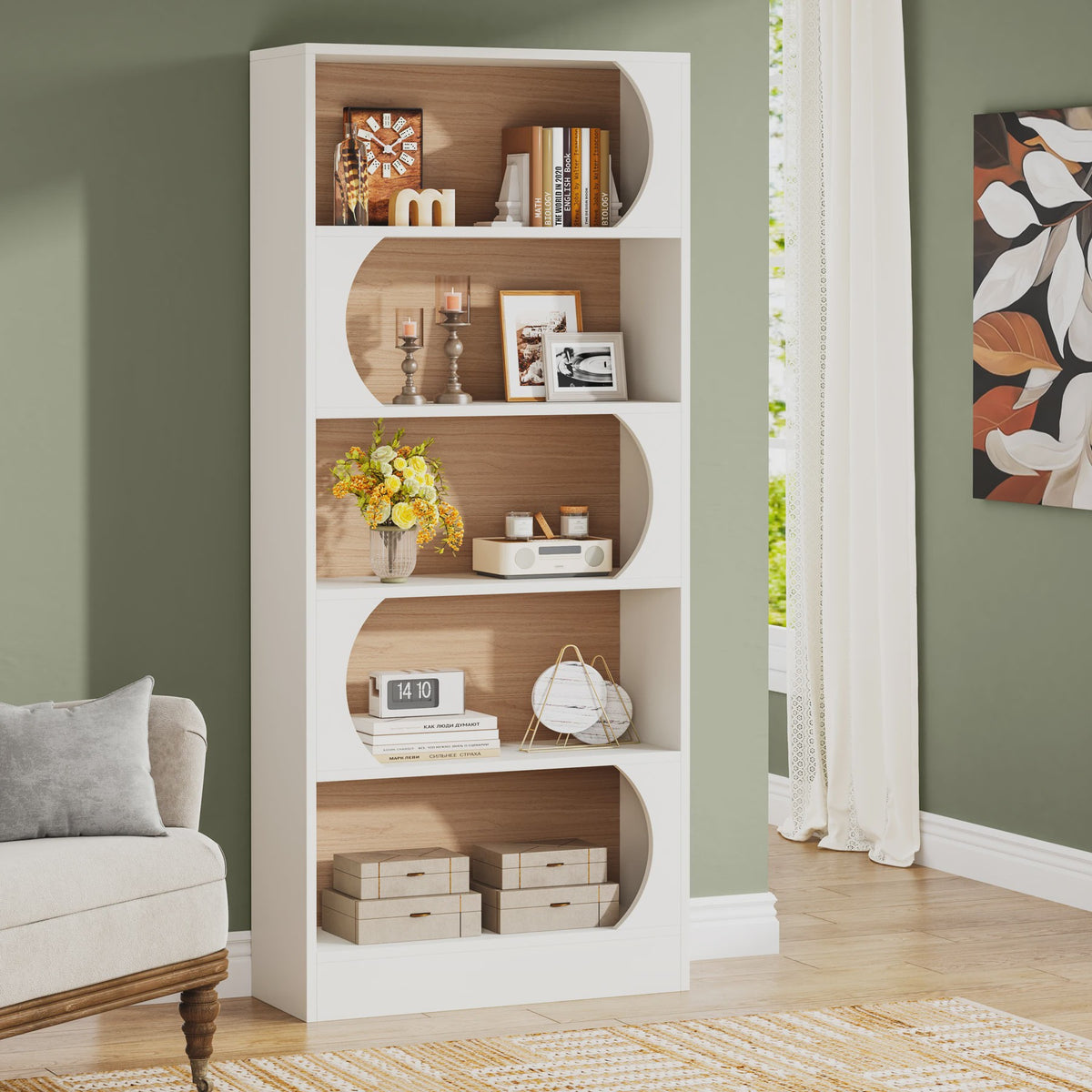 Stijlvolle Boekenkast 5 Lagen - Wit & Walnoot - 180cm Hoog