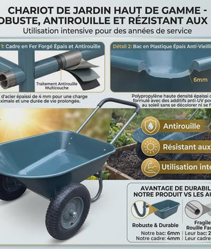 Stevige 2-wiel kruiwagen voor tuin en buiten – 120 kg capaciteit, ijzeren bak & kunststof