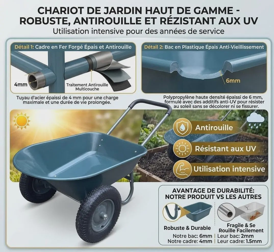 Stevige 2-wiel kruiwagen voor tuin en buiten – 120 kg capaciteit, ijzeren bak & kunststof