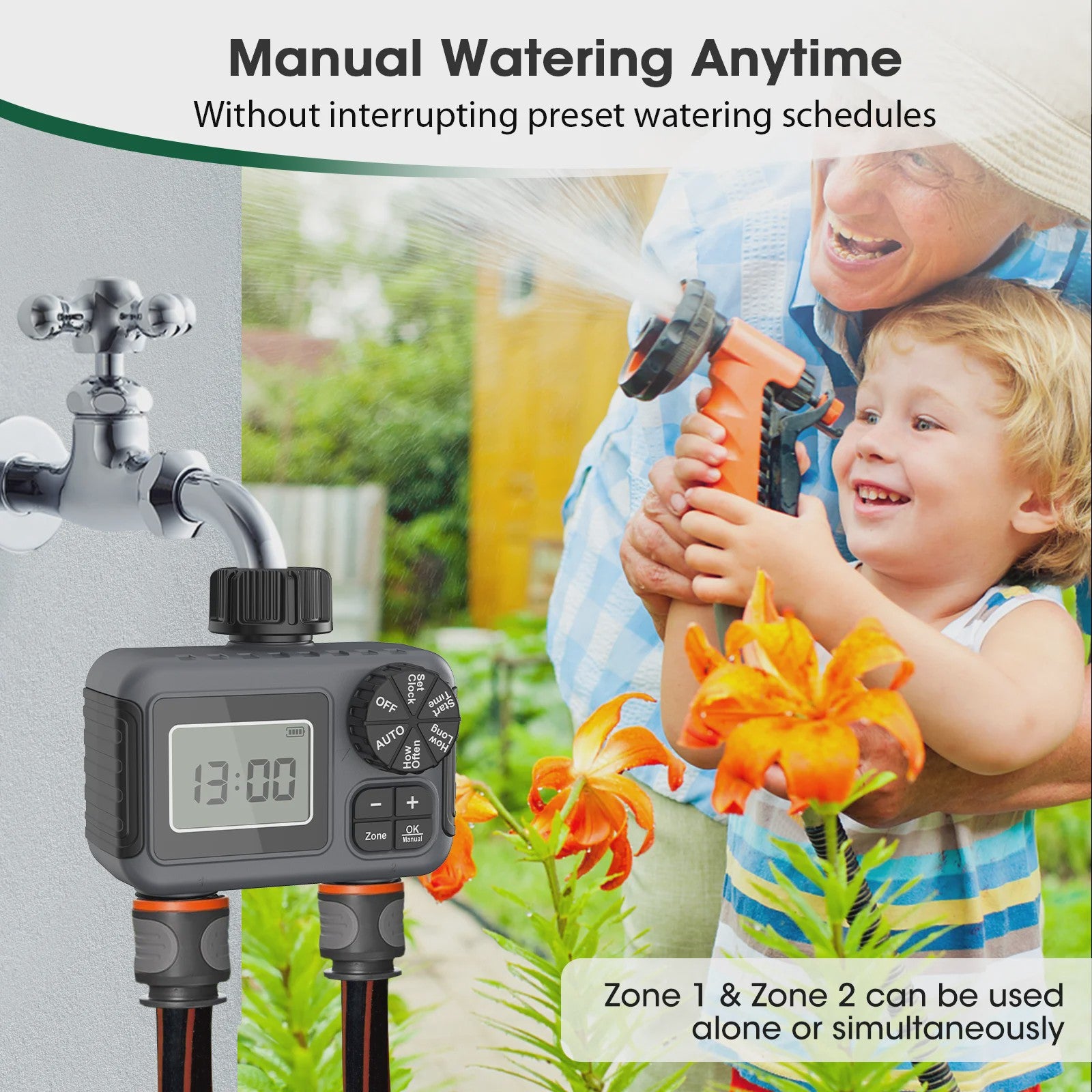 Insoma Slimme Sproeitimer 2-Zone - Automatische Tuinirrigatie met IPX5 Waterdichtheid