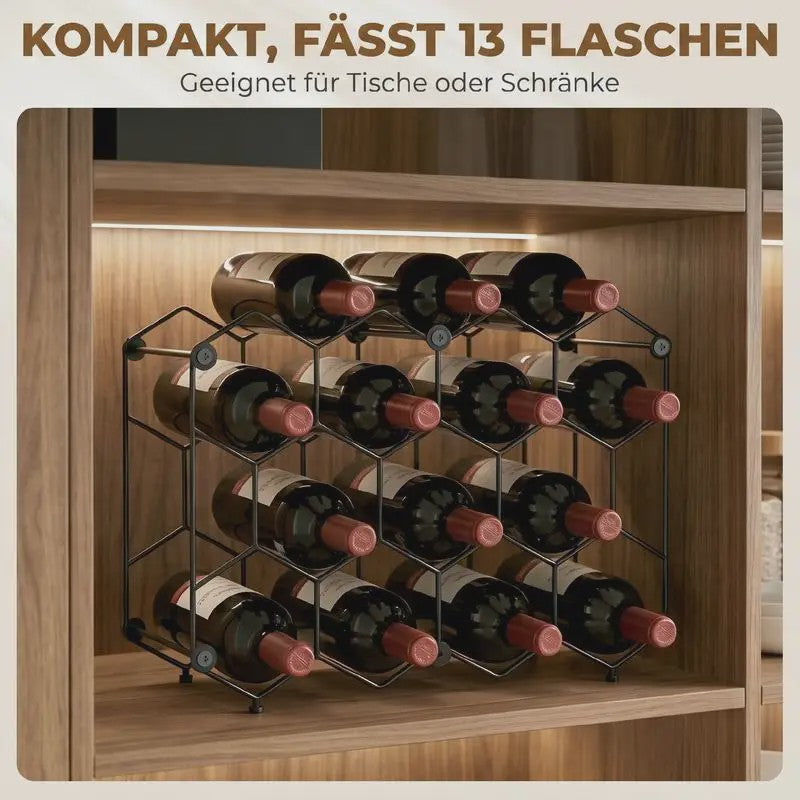 Wijnrek voor 13 Flessen - Zwart Honingraat Design met Verstelbare Voetjes