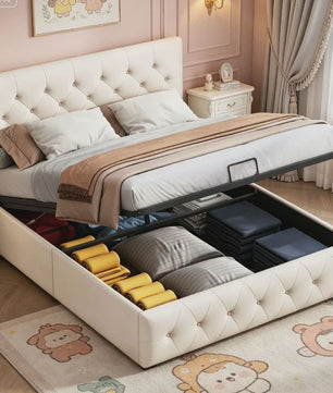 Luxe Boxspringbed 140x200 cm Beige Fluweel met Hydraulische Opbergruimte en LED-verlichting