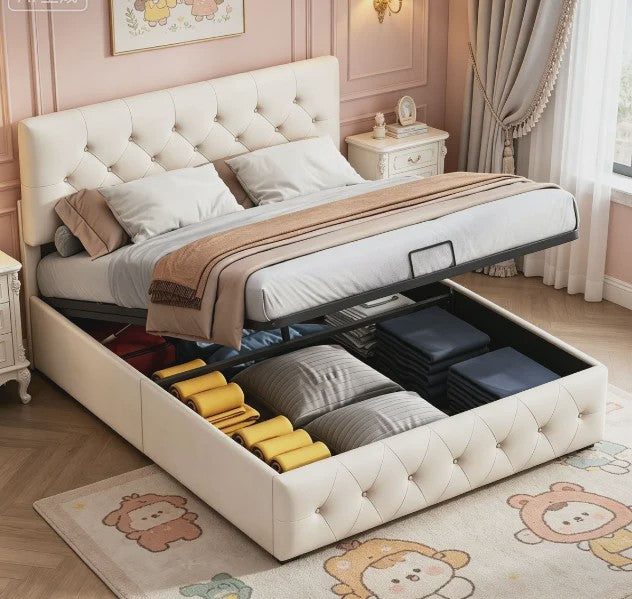 Luxe Boxspringbed 140x200 cm Beige Fluweel met Hydraulische Opbergruimte en LED-verlichting