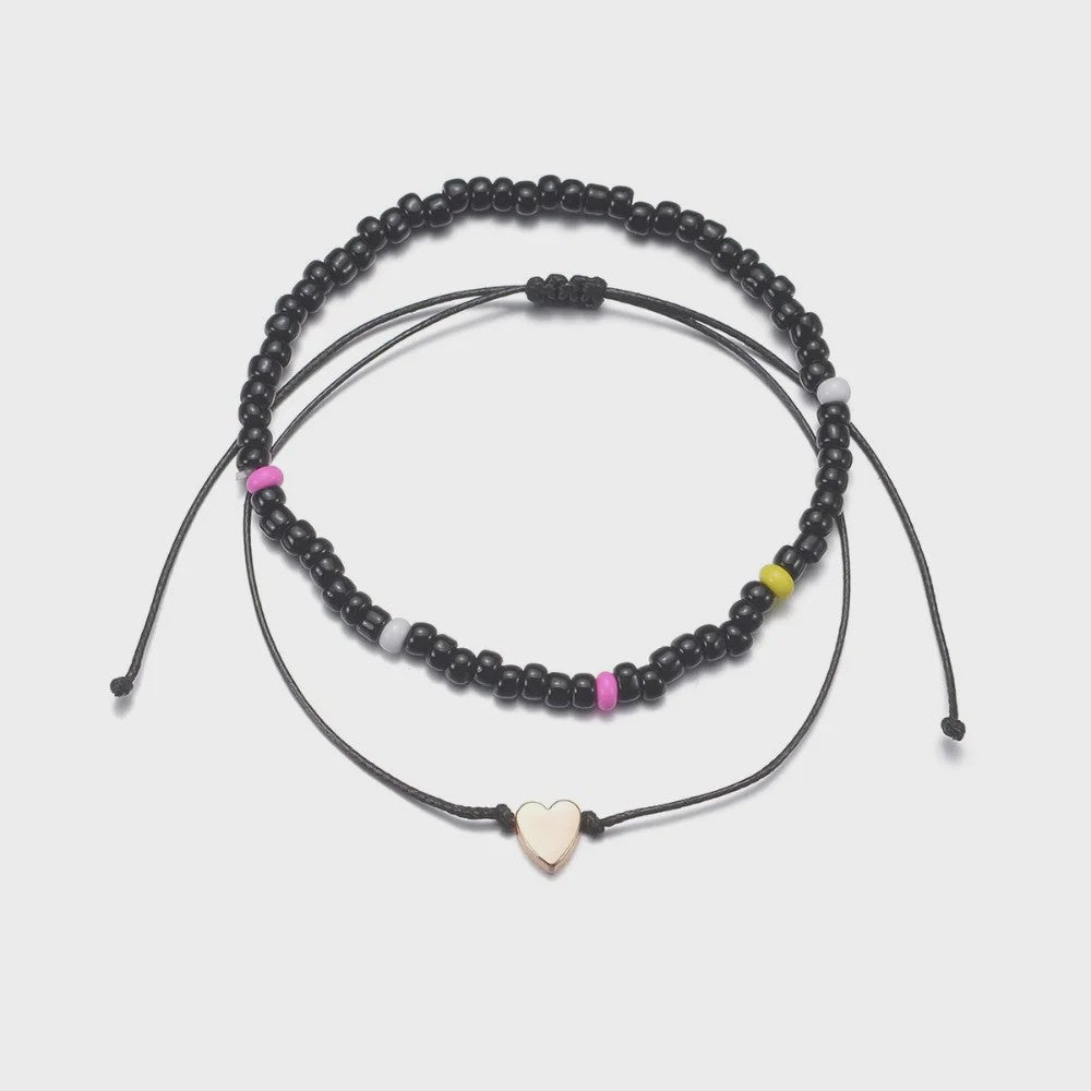 Set van 2 Verstelbare Anklets met Hartje en Zwarte Kralen - Waterdicht