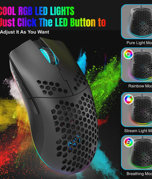 HXSJ T66 Gaming Muis: Draadloos, RGB, 10000DPI, 3 Modi (USB, 2.4G, BT 5.3), Macro Programmeerbaar