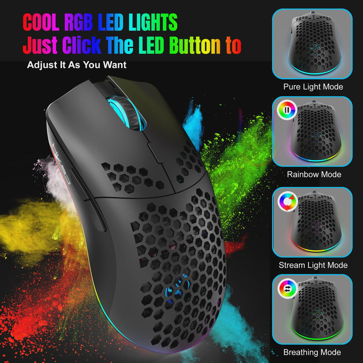 HXSJ T66 Gaming Muis: Draadloos, RGB, 10000DPI, 3 Modi (USB, 2.4G, BT 5.3), Macro Programmeerbaar