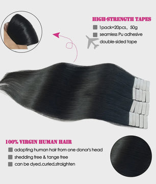 Remy Tape-in Hair Extensions - 100% Echt Menselijk Haar, Natuurlijk Zwart, Naadloos