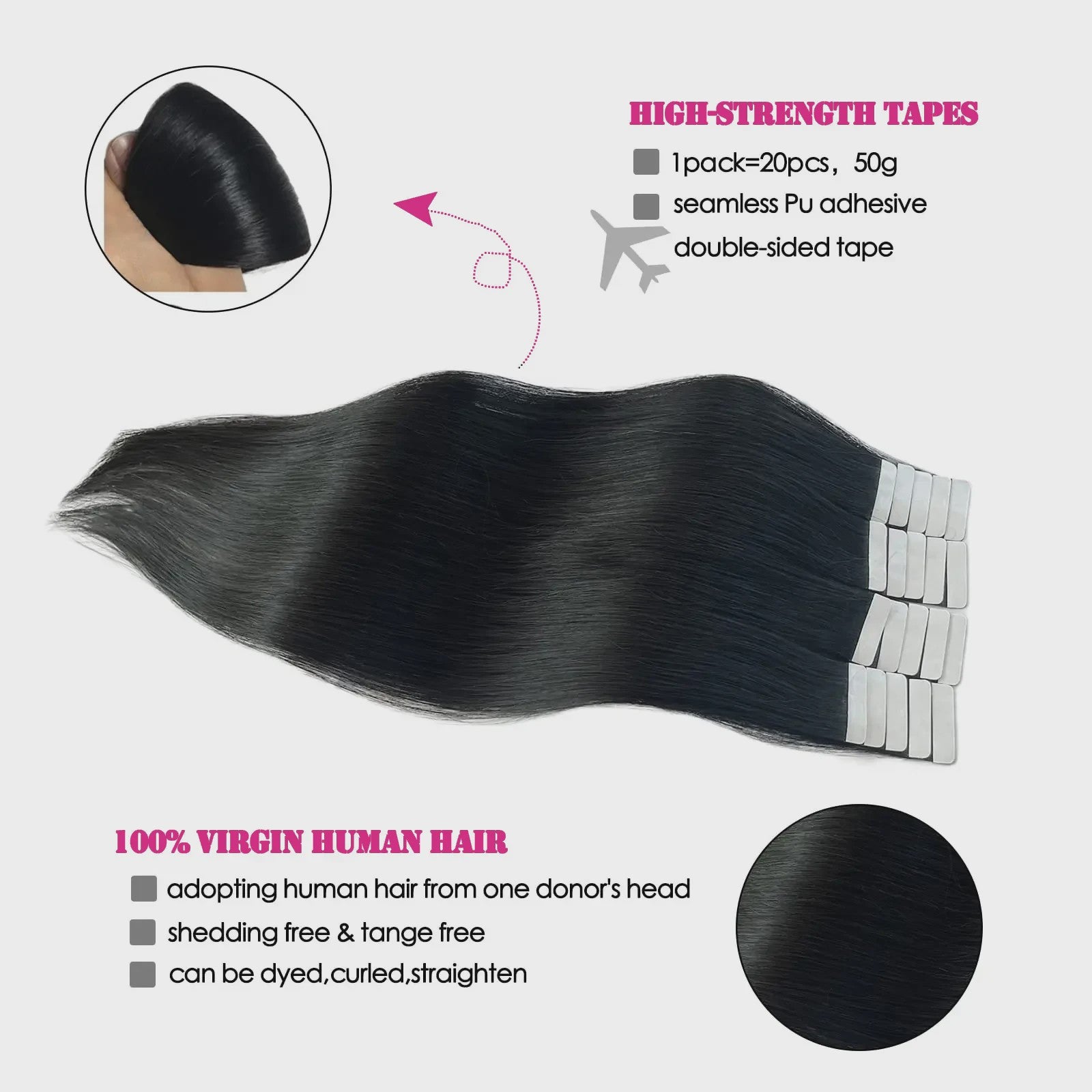 Remy Tape-in Hair Extensions - 100% Echt Menselijk Haar, Natuurlijk Zwart, Naadloos