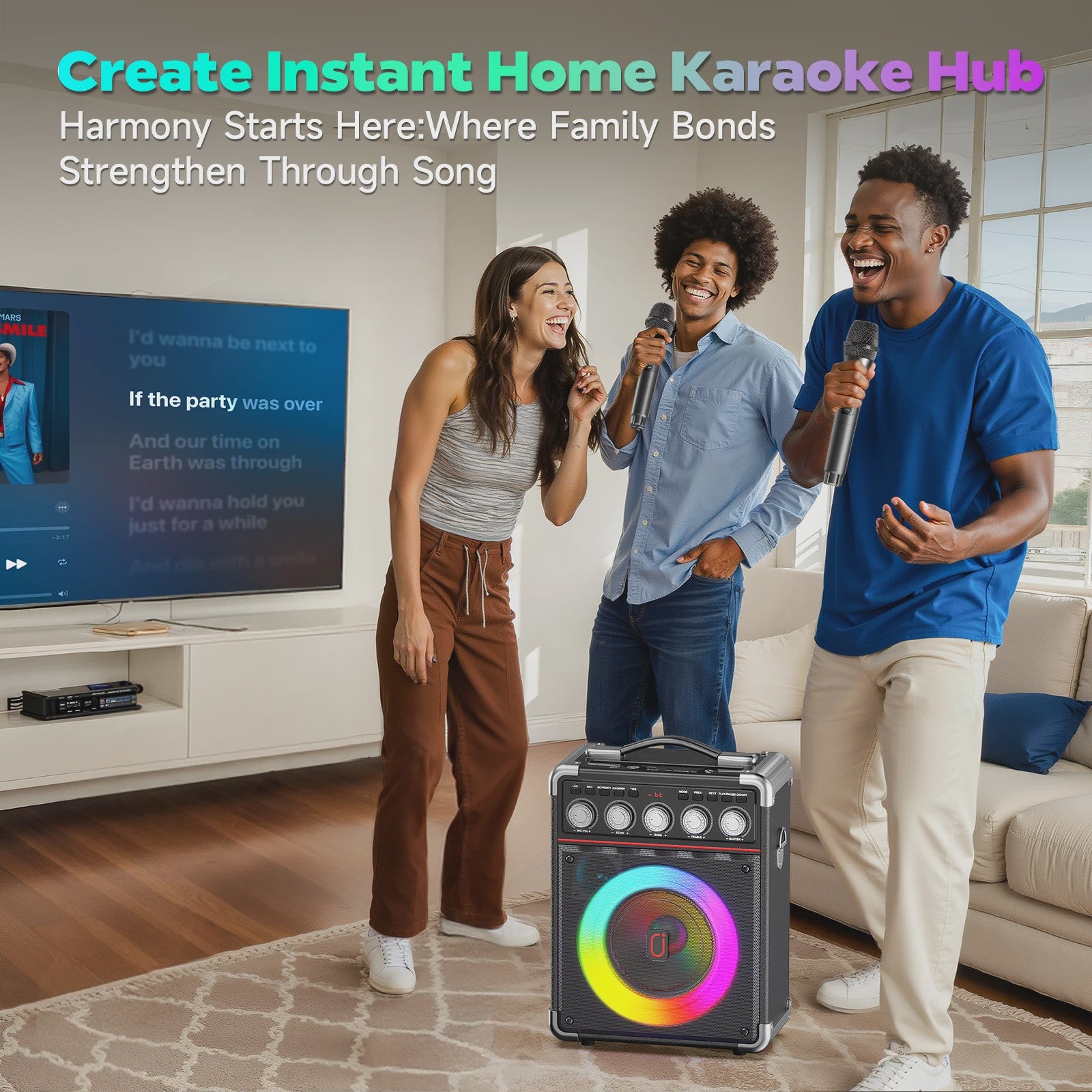 TX05 Karaoke Machine met 2 Draadloze Microfoons & RGB Licht