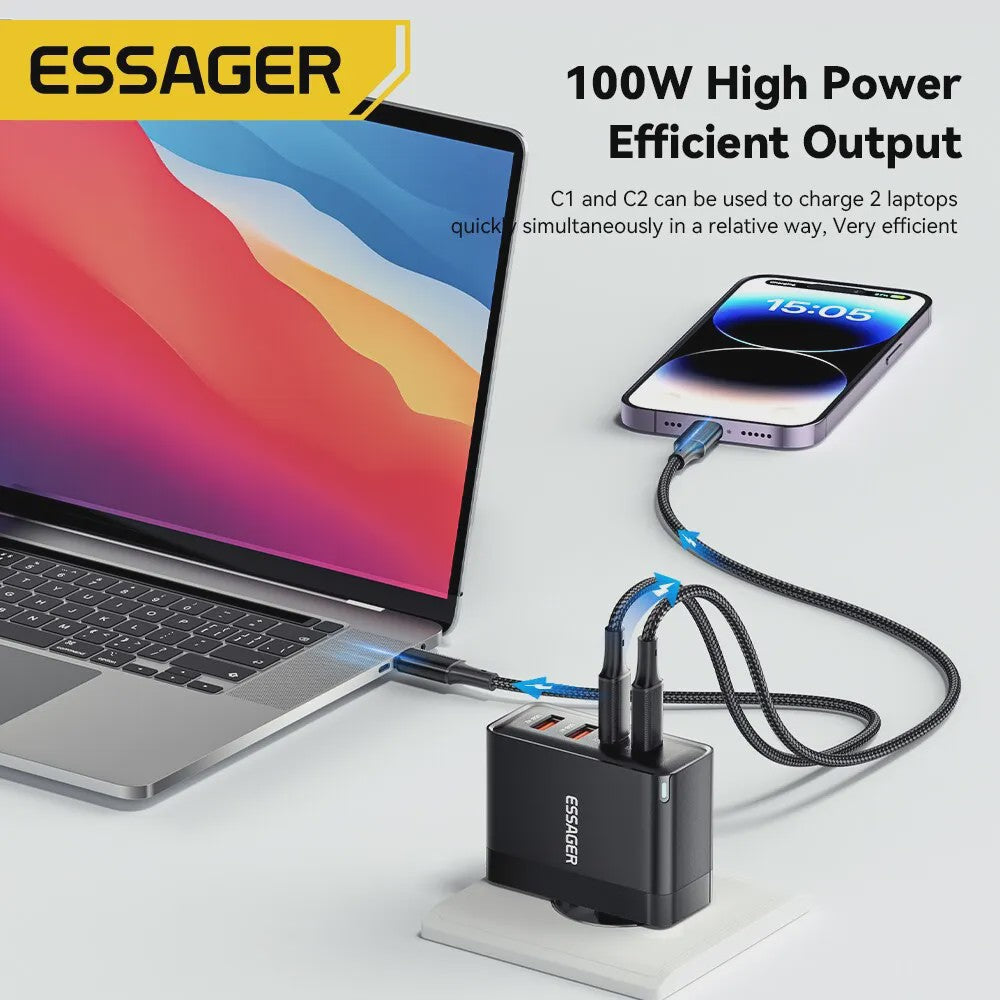 Essager 100W GaN Snellader USB-C PD QC 4.0 3.0 voor iPhone, Xiaomi, Macbook