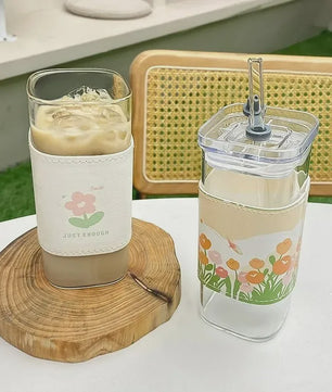 Vierkante Glazen Koffiebeker met Deksel en Rietje - Hittebestendig & Transparant