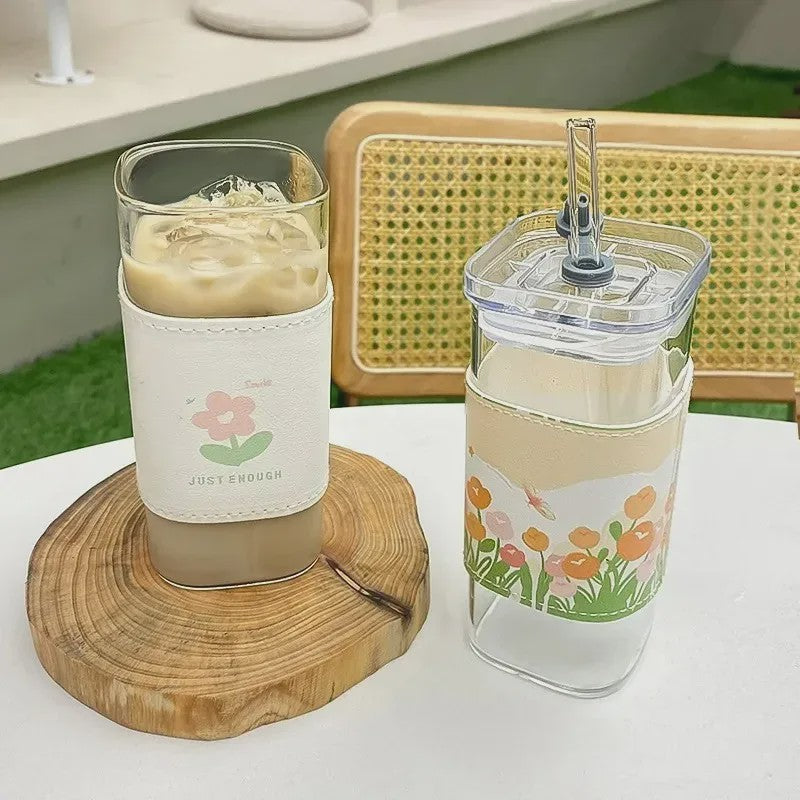 Vierkante Glazen Koffiebeker met Deksel en Rietje - Hittebestendig & Transparant