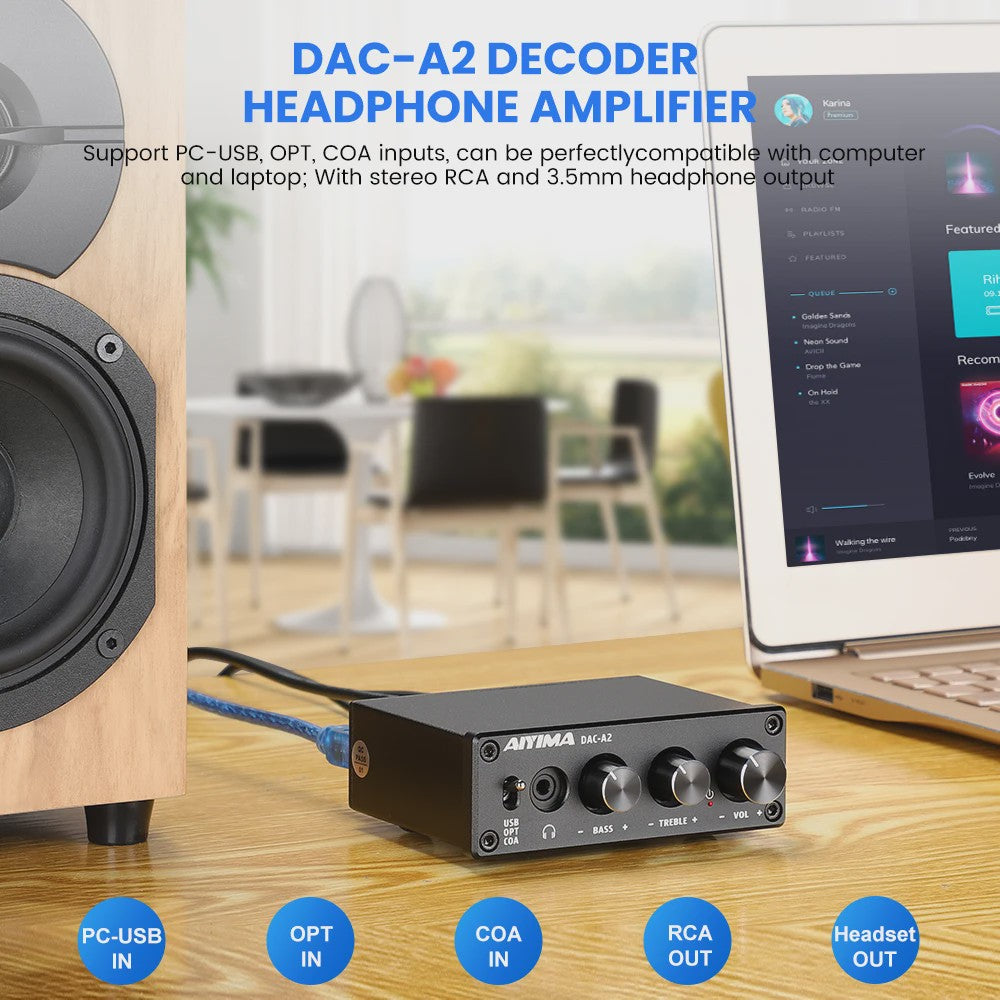 AIYIMA DAC-A2 HiFi DAC & Hoofdtelefoonversterker - USB, Coaxiaal, Optisch