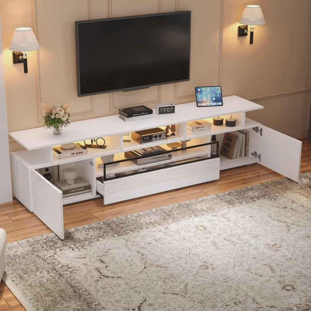 Stijlvolle TV Meubel 180cm Hoogglans Wit met LED Verlichting en 10 Opbergvakken