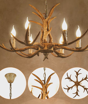 Vintage Herten Gewei Kroonluchter - 6-Lichts Hanglamp in Bruin