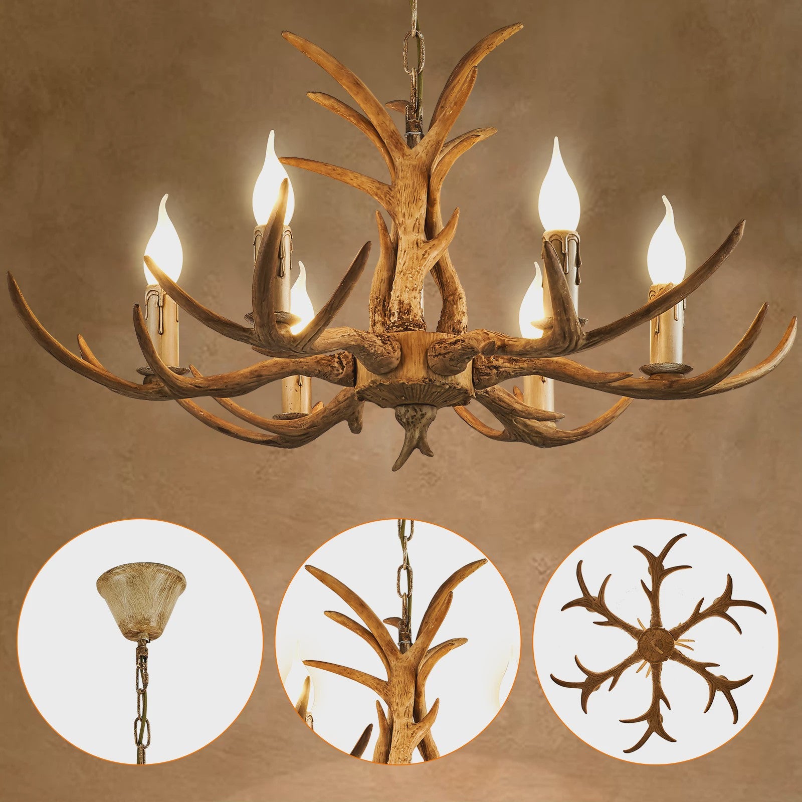 Vintage Herten Gewei Kroonluchter - 6-Lichts Hanglamp in Bruin