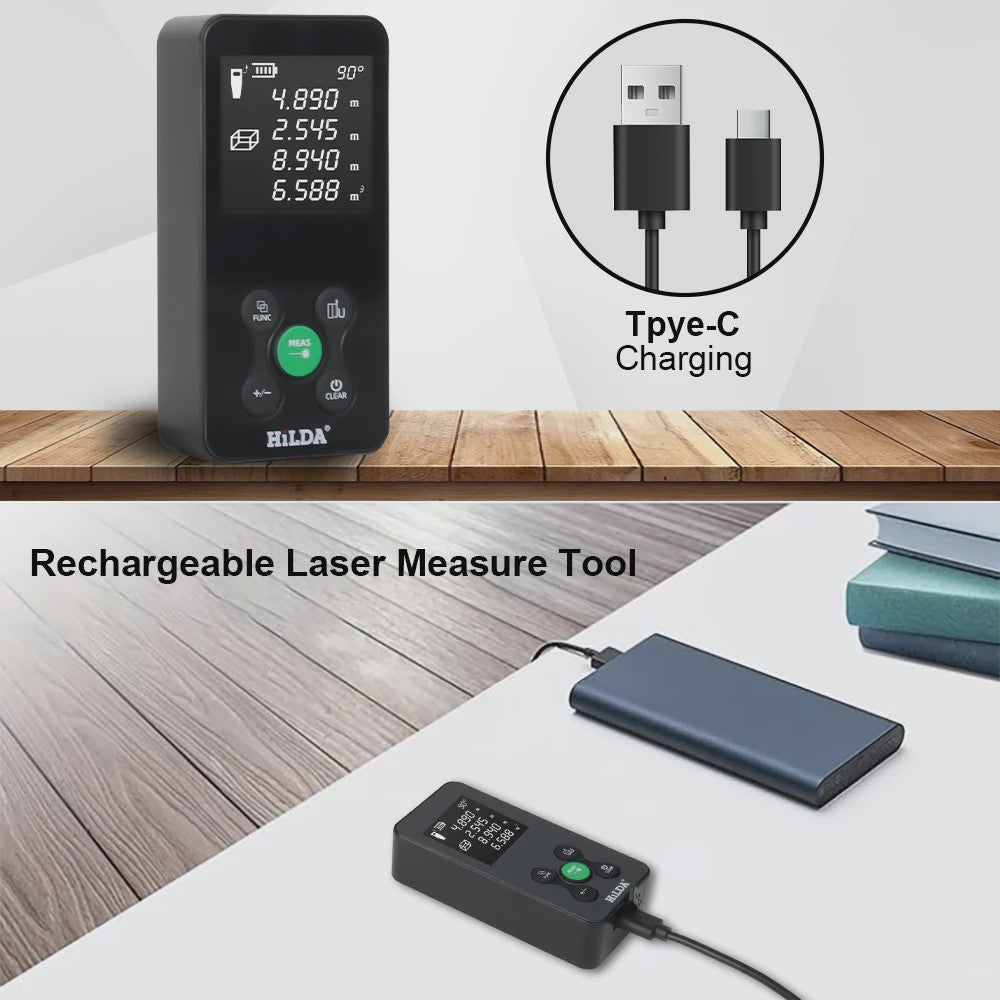 HILDA Laser Afstandsmeter 50M/100M met Rood/Groen Laser, Hoekmeting & USB-C Opladen