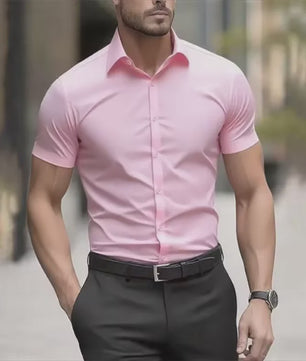 Heren Zomer Overhemd Korte Mouw Stretch Slim Fit - Zwart, Maat 5XL