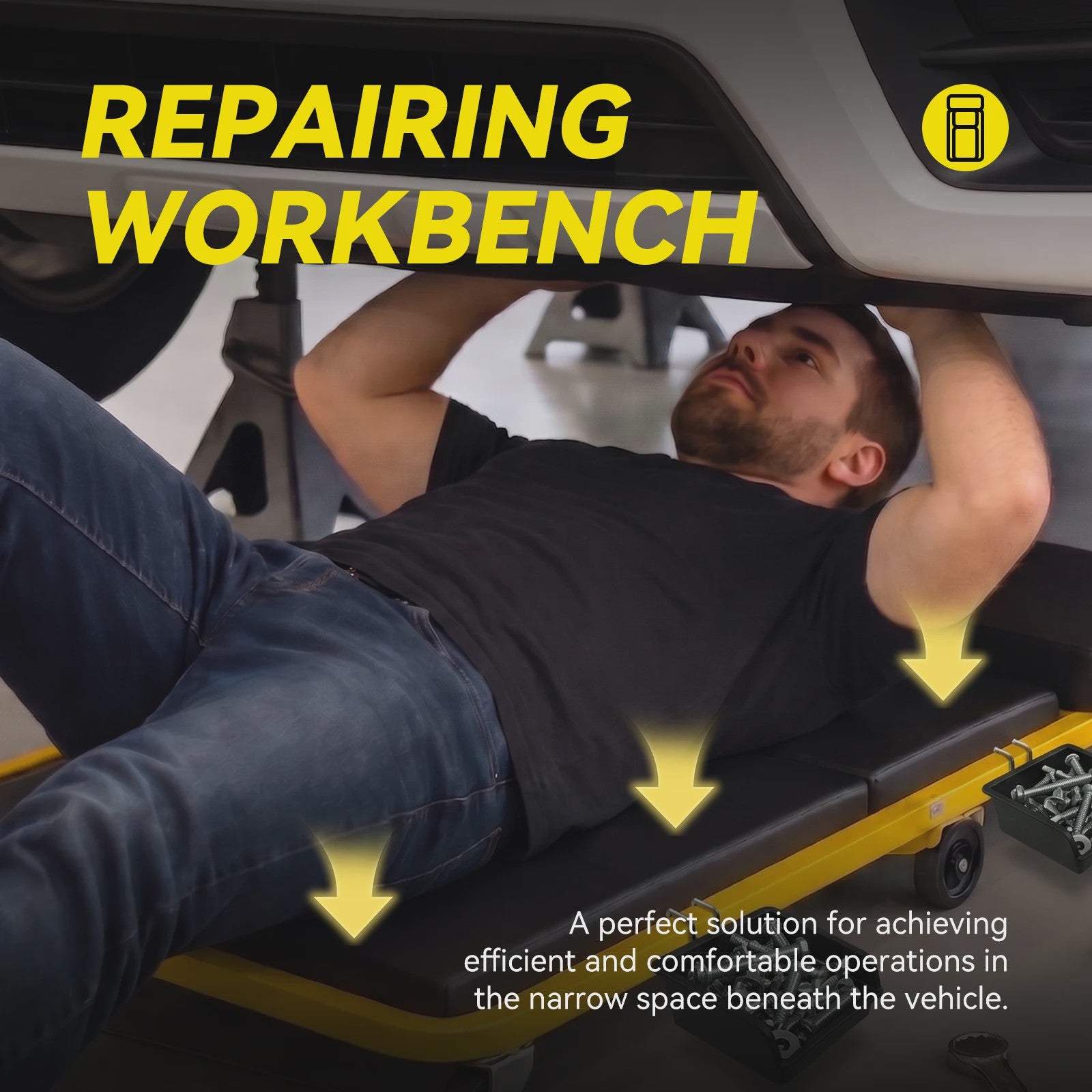 2-in-1 Werkplaatskruk & Monitortafel: Opvouwbare Autoreparatie Stoel met 360° Zwenkwielen
