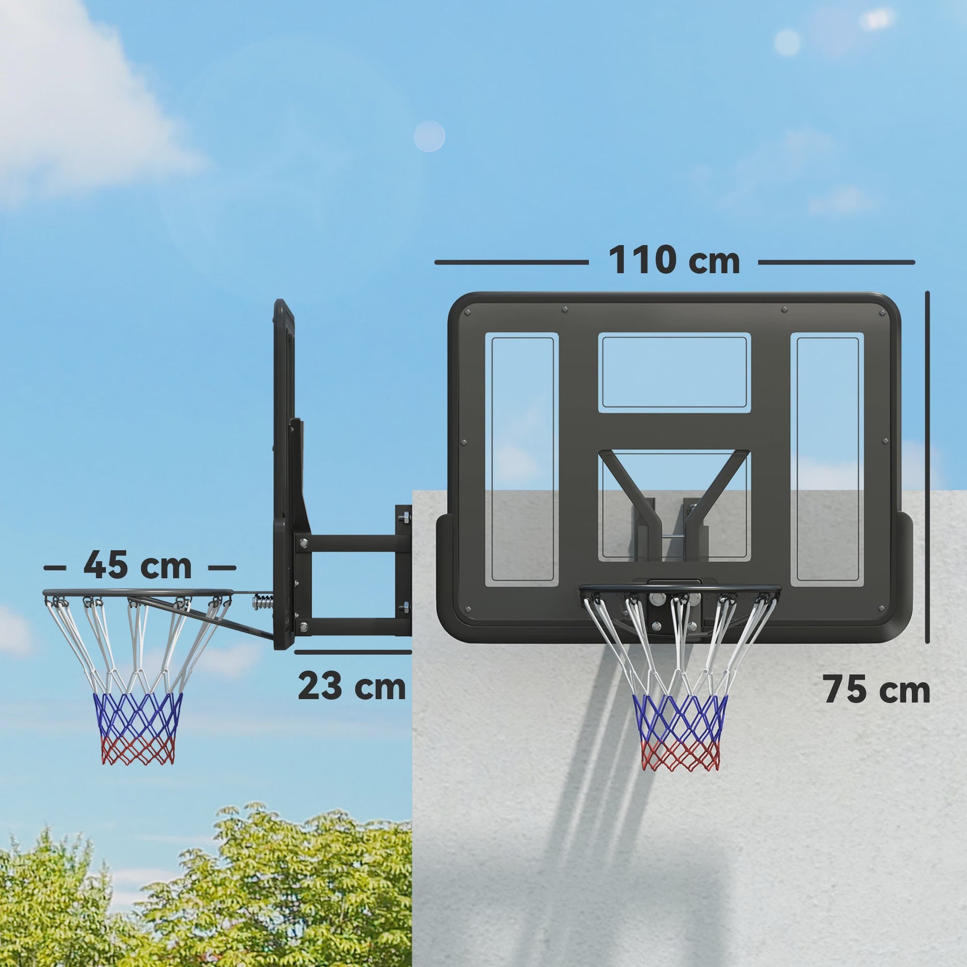 SPORTNOW Wandmontage Basketbalring met Onbreekbaar Bord, Stalen Ring en Scheurvast Net - Zwart
