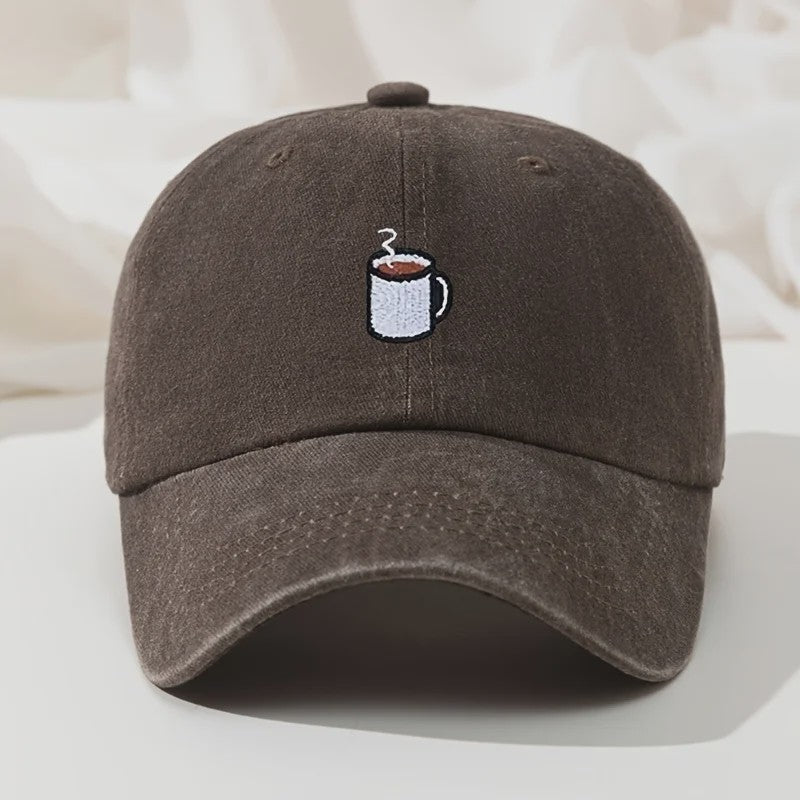 Retro Gewassen Baseball Cap met Koffiekopje Borduurwerk - Verstelbaar & Casual