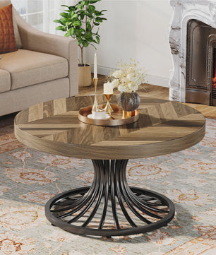 Ronde Salontafel 31" met Visgraatpatroon en Metalen Onderstel - Rustiek Bruin