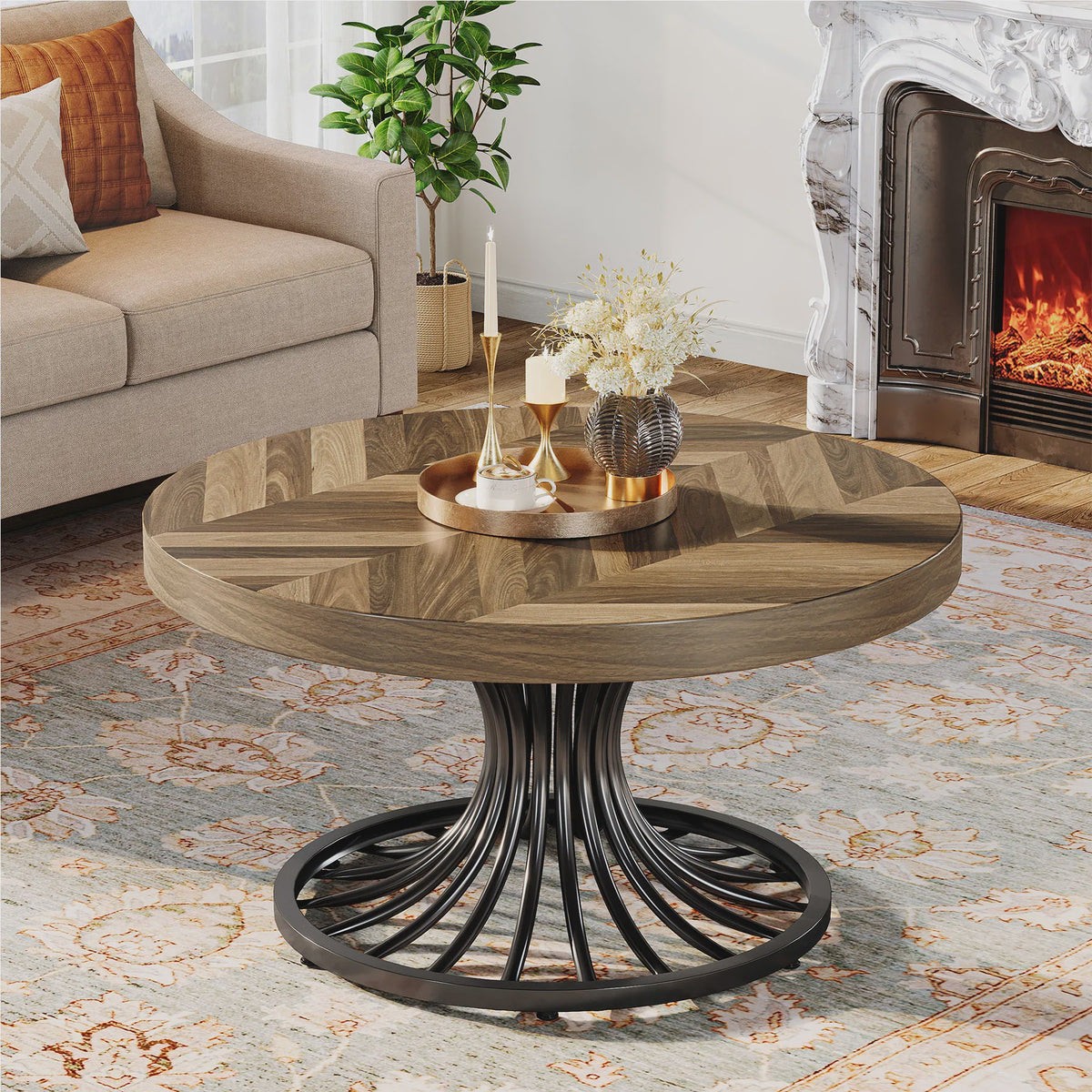 Ronde Salontafel 31" met Visgraatpatroon en Metalen Onderstel - Rustiek Bruin