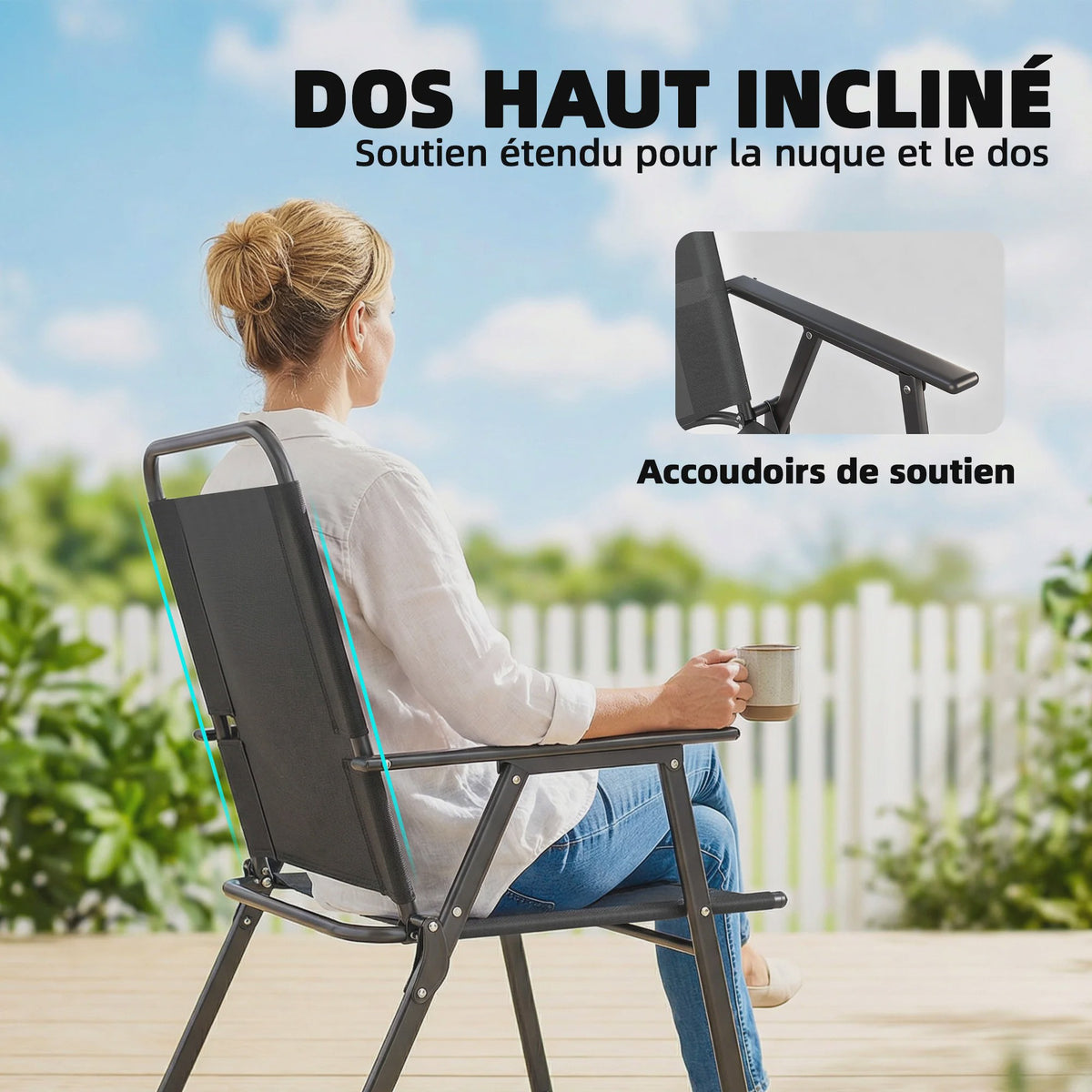 Outsunny Set van 4 Klapstoelen met Armleuningen - Zwart Textilene Zitting