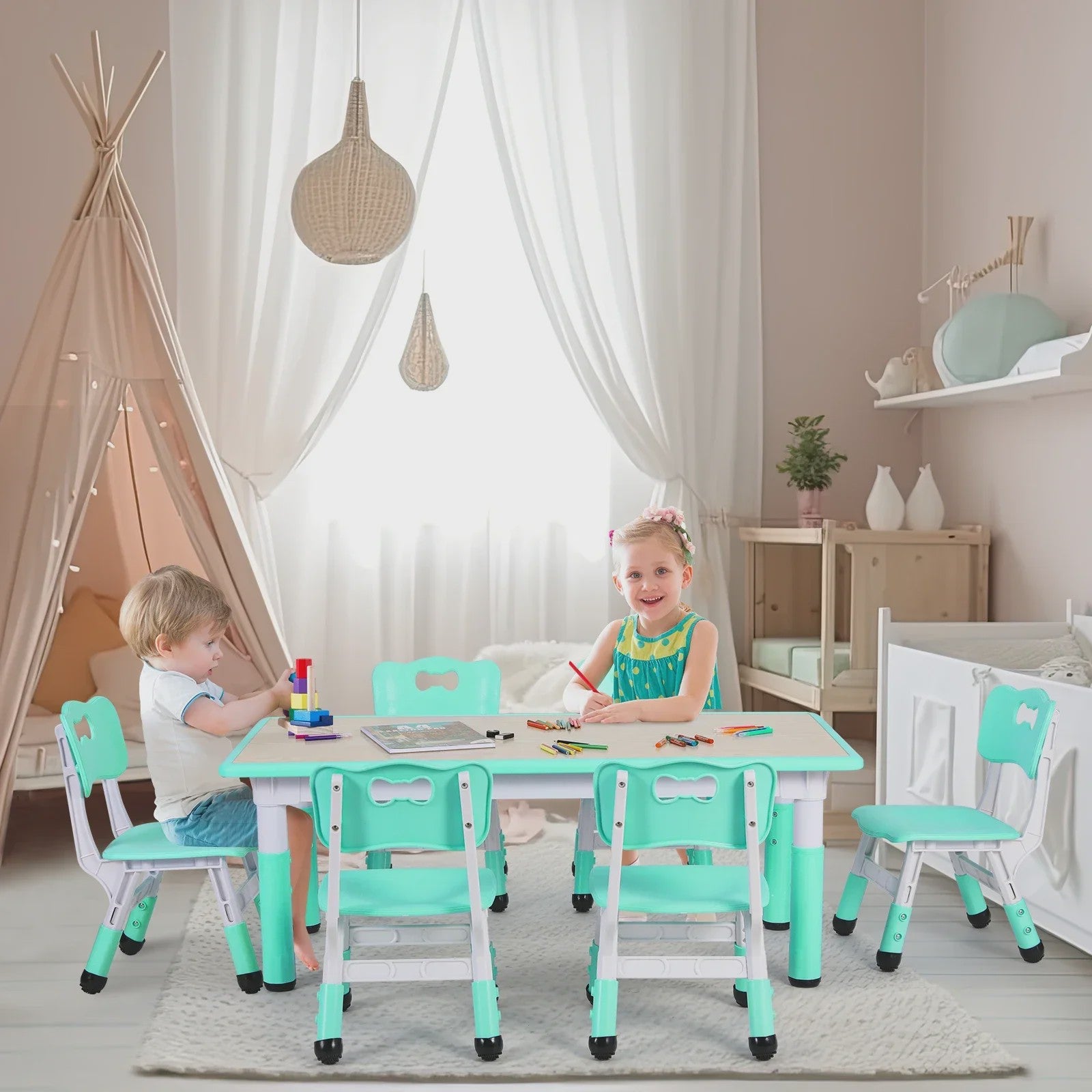 Verstelbare Kinder Tafel met 6 Stoelen - Knutseltafel & Speeltafel voor Kinderen (2-10 jaar)