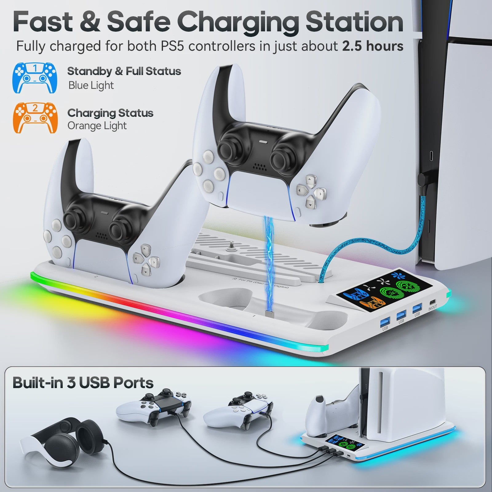 PS5 Verticale Stand met Koeler, Controller Oplader & RGB Verlichting