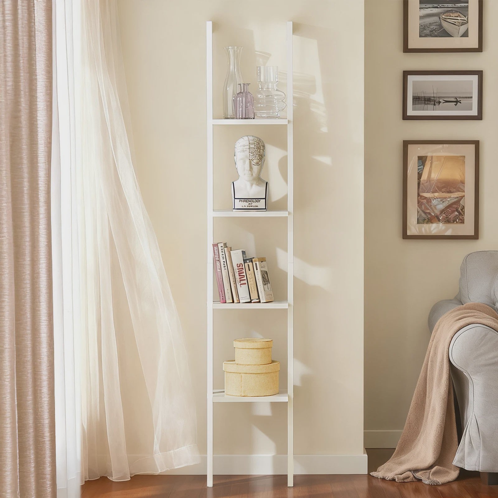 SoBuy FRG15-W Ladder Boekenkast Wit - 4 Planken, Vrijstaand, 33cm Breed