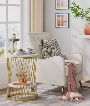 Moderne Ronde Bijzettafel met 2 Niveaus - Wit Marmerlook & Goud