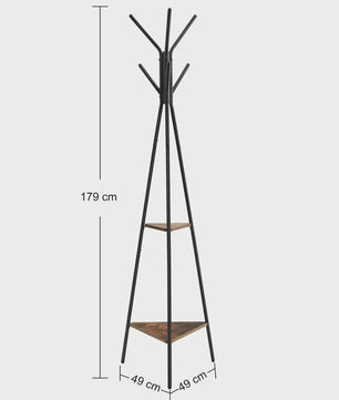 VASAGLE Staande Kapstok met 2 Plateau's - 179 cm Hoog - Zwart/Rustiek Hout